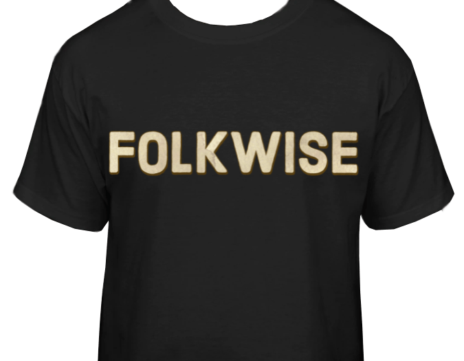 a black t-shirt with the Folkwise logo (cream text outlined in brown)
