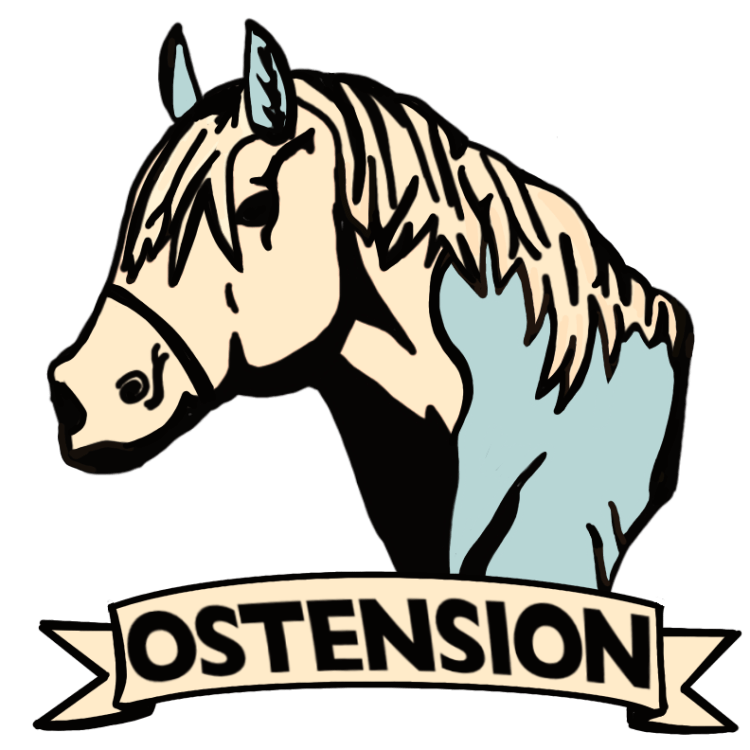 an image of a white horse with a banner beneath it that reads the horse’s name ‘Ostension’.