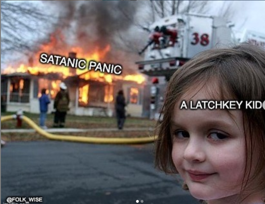 The background of the image shows a blurred image of a white house on fire with a fire engine parked in front of it with a woman and a firefighter standing to the left of the truck facing the house. The text that is superimposed over this part of the picture reads “Satanic Panic”. The next part of the image centers on a young girl with chin length brown hair staring over her shoulder at the photographer while smiling devilishly as the fire burns on. The text over her reads “Latchkey kid”