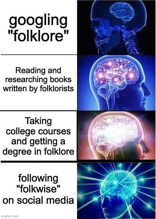 Photo with four text boxes on the left and four images of brain that gradually expand in human head on the right. Text on Left Side: box 1: googling “folklore” Box 2: reading and researching books written by folklorists box 3: taking college courses and getting a degree in folklore box 4: following “Folkwise” on social media