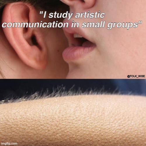 two-panel image of two light-skinned humans. The top image is a close up of one of the humans whispering directly into the other’s ear, followed by an extreme close up image of one of their arms with visible goosebumps and hair raised.