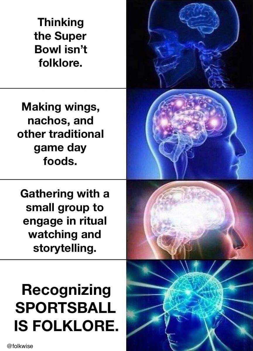 Photo with four text boxes on the left and four images of brain that gradually expand in human head on the right. Text on Left Side: box 1: Thinking the Super Bowl isn’t folklore. Box 2: Making wings, nachos, and other traditional game day foods. box 3: Gathering with a small group to engage in ritual watching and storytelling. box 4: Recognizing Sportsball is folklore.