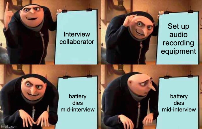 Four panel image of the Despicable Me villain Gru standing excitedly in front of a presentation board. The first board reads "Interview collaborator," the second reads "Set up audio recording equipment," and the third and fourth read "Battery dies during interview" and Gru looks sad when he realizes his plan has fallen short.
