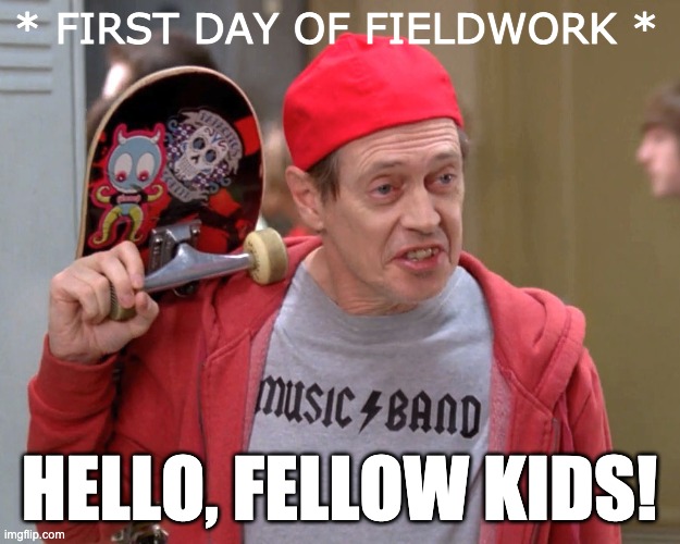 Image of Steve Buscemi (actor) wearing a backwards red baseball cap, red zip-up hoodie, grey shirt with text reading “band/music” in rock n’ roll font, and holding a skateboard over his shoulder. Top text reads “* First Day of Fieldwork *” and the bottom text reads “Hello, Fellow Kids!”
