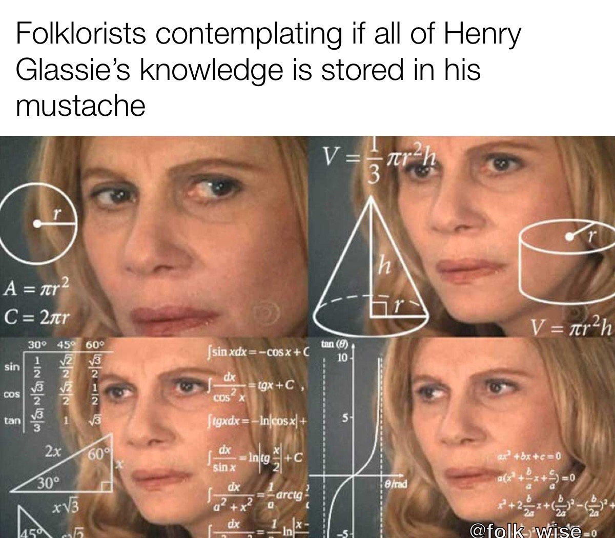 A four-panel image of a light-skinned woman with blonde hair looking around in each panel demonstrating confusion. This is emphasized by added mathematical equations drawn over the images. Black text above the image on a white background reads “folklorists contemplating if all of Henry Glassie’s knowledge is stored in his mustache.”
