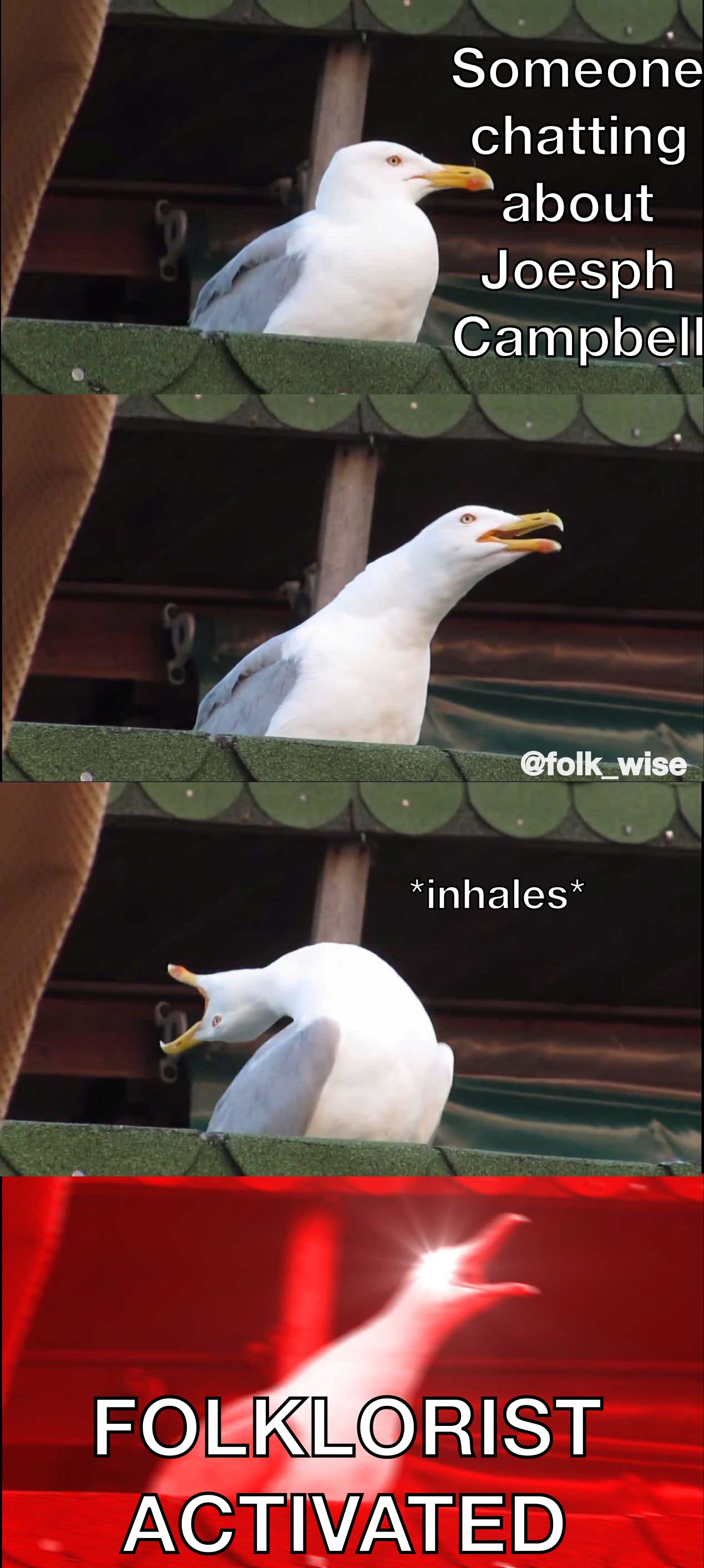 Four panel images of a seagull sitting on a roof, the second image has the seagull stretching out its neck. Text on the first image reads “Someone chatting about Joseph Campbell.” The following two panels are of the seagull sitting on a roof with its head thrown back, and in the third image, tinted red, screaming with red eyes. Text over the third image reads “*inhales*” and the fourth image reads “Folklorist Activated”
