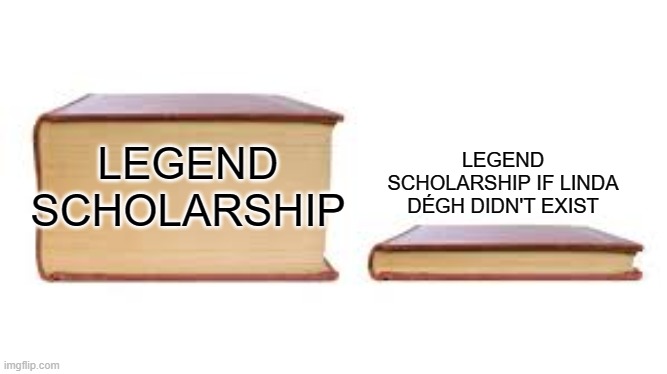 Two books placed next to each other from a side view on a white background with red covers. The book on the left is considerably larger than the right. The book on the left is labeled “Linda Dégh” and the book on the right is labeled “Legend scholarship if Linda Dégh didn’t exist.”