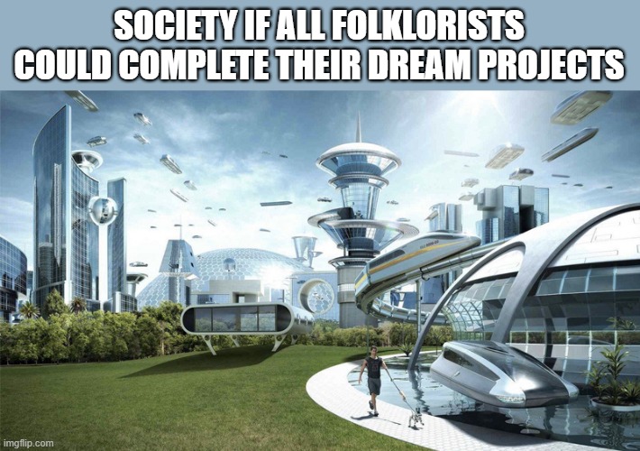 An image of chrome and bright futuristic buildings with soft textures reflecting sunlight. The buildings are round and imagine a future for architecture and there are flying objects (presumably transportation) in the background. There is some green grass in the foreground and a person happily walking their dog next to a pool. The top text of the image reads “Society if all folklorists could complete their dream projects.”