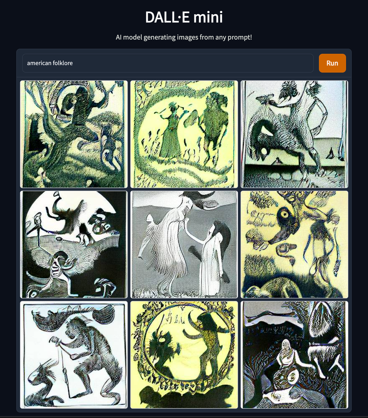 A DALL-E generated screenshot. Each image has the text “DALL-E Mini AI model generating images from any prompt!” with nine square images on a grid below. The search bar text in this image reads “american folklore” and includes images of humanoid drawings in various scenes, kindof like wood cuts, without discernable or coherent features.