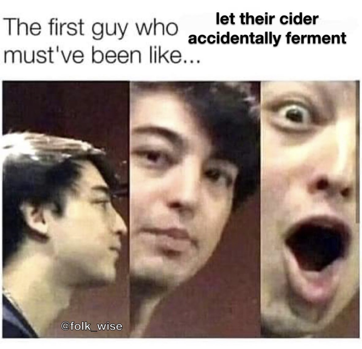 text at top of meme reads “The first guy who let their cider accidentally ferment must have been like…”. Below the text are three frames of a young Asian man. First frame is of his profile looking stoic. Second frame he is looking directly into the camera as if something has his attention. Third frame is of him making a dramatic surprised face.