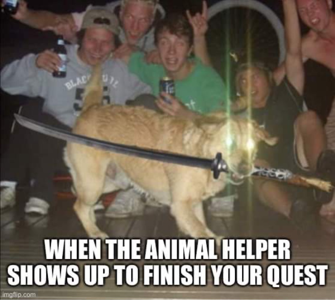 an altered photo of five young men posing for a picture at a party. A golden retriever is centered in front of the men play bowing with a samurai sword in it’s mouth. Text underneath this reads “When the Animal Helper Shows Up to Finish Your Quest”.